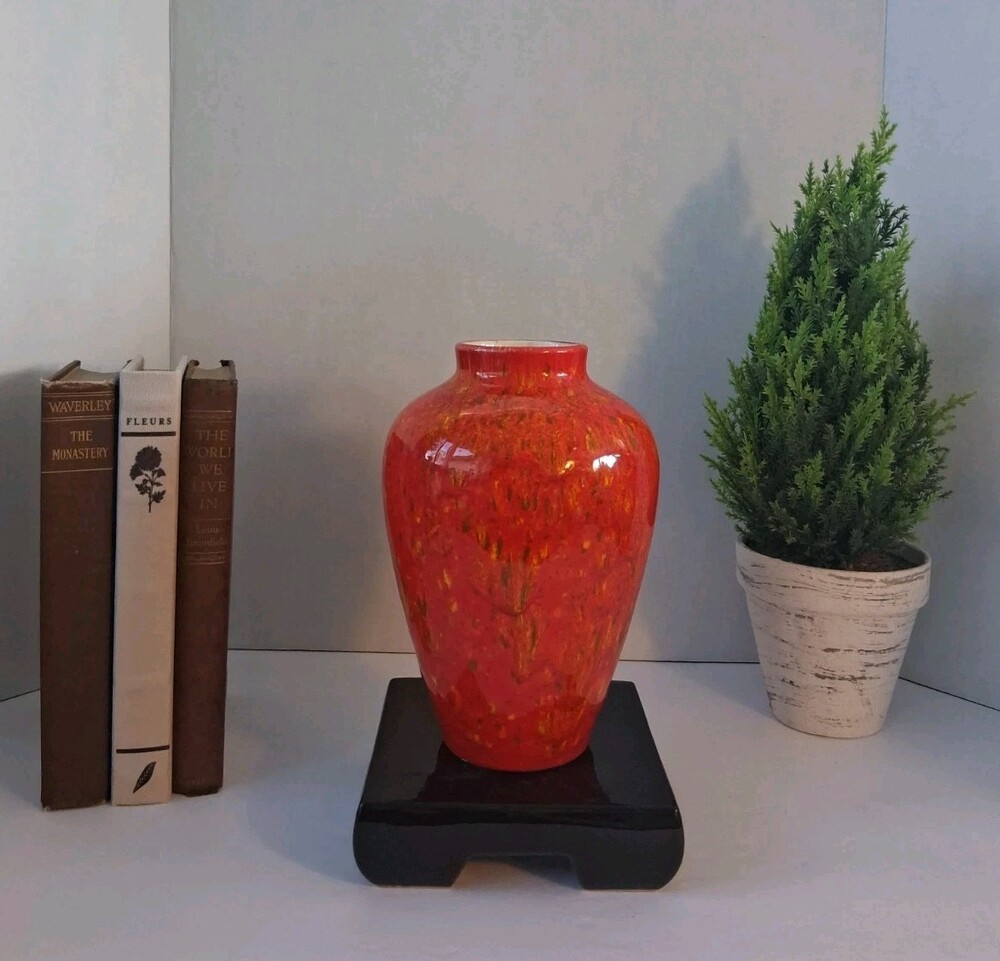 VTG!1977 Studio Art Pottery Vase;Artist Signed;MCM Fat Lava Drip Glaze OrangeRed